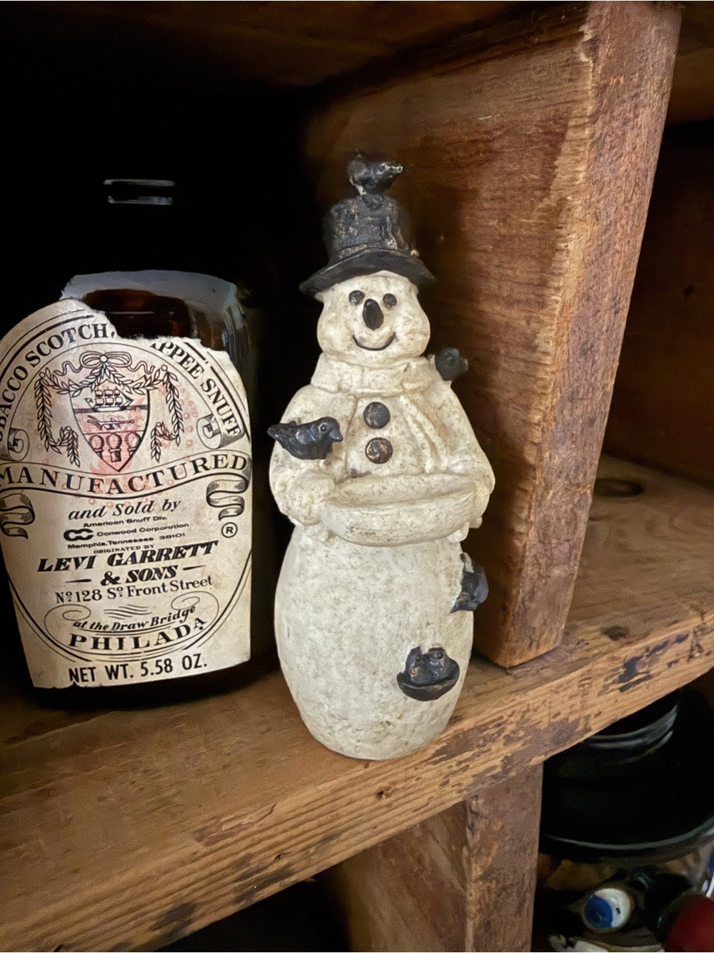 Vintage Snowman Figurine Ornament in Cream and Black - Decorative Home Accent
